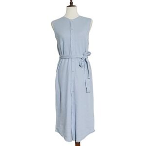 Zara Womens Light Blue Textured Weaved  Button Down Belted Midi Dress Size M